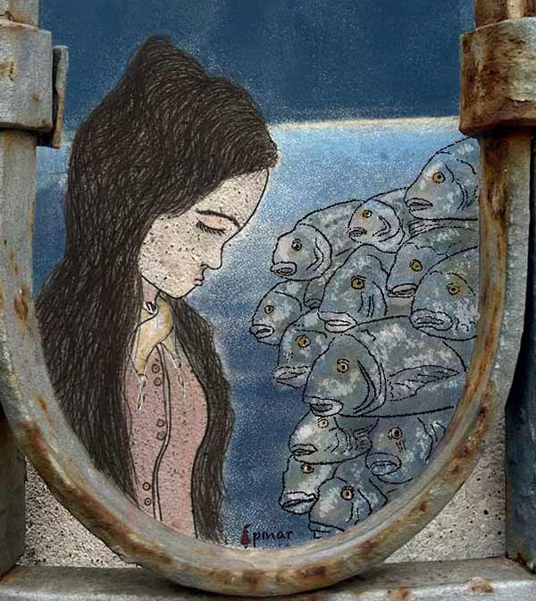 Ovale con donna che aspetta alla marina